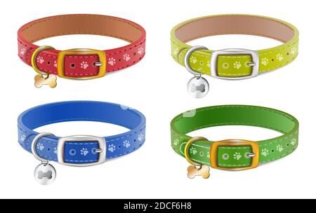 Collection of 3d realistic vector dog or cat collars in blue, red, yellow, green with silver medal. Isolated on white background. Stock Vector