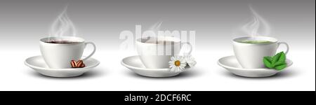 3d realistic vector set of coffee, black and green tea white mugs or cups with coffee beans, camomile flower and tea leaves. Stock Vector
