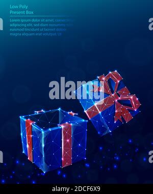 Vector low poly polygonal background of present box with red bow. Stock Vector