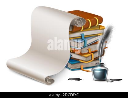 3d realistic vector cartoon style stack of books and blank paper and paper rolls and glass bottle with ink and feather. Isolated on white background.