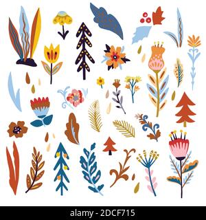 Big set with cute doodle trendy plants and flowers. Stock Vector
