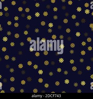 Seamless pattern with tiny golden snowflakes on black background. Christmas decoration and design element. Stock Vector