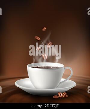 3d realistic vector coffee white cup with coffee beans on a brown background. Stock Vector