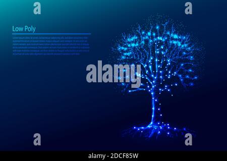 Polygonal tree on dark blue tech background, triangles and particle style design. Stock Vector