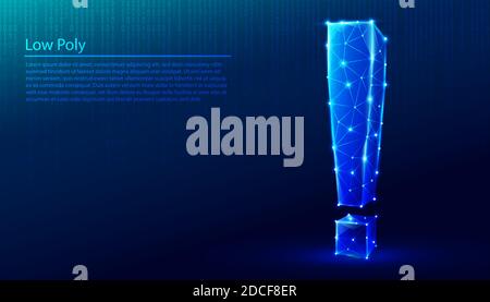 Polygonal mark of exclamation on dark blue tech background, triangles and particle style design. Stock Vector