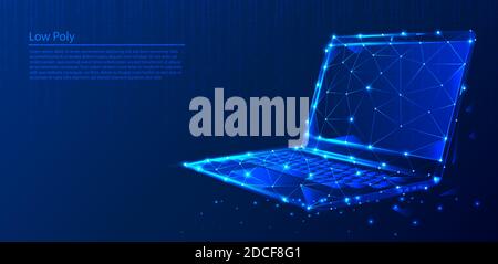Polygonal laptop on dark blue tech background, triangles and particle style design. Stock Vector