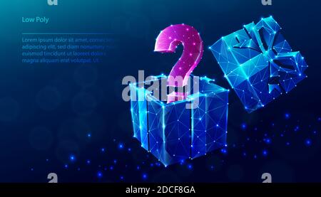 Vector tech low poly blue background. Low poly question sign coming out of the gift box. Stock Vector