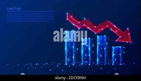 Polygonal growth charts and red arrow decreasing on dark blue tech background, triangles and particle style design. Stock Vector