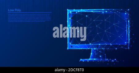 Polygonal laptop on dark blue tech background, triangles and particle style design. Stock Vector