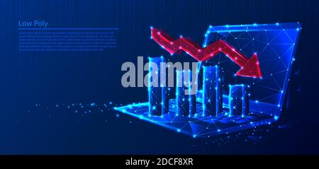 Polygonal laptop with growth charts and red arrow decreasing on dark blue tech background, triangles and particle style design. Stock Vector