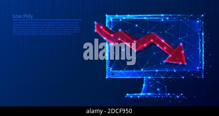 Polygonal computer with red arrow going down on dark blue tech background, triangles and particle style design. Stock Vector