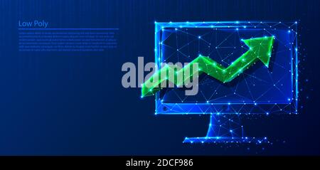 Polygonal computer with green arrow looking up on dark blue tech background, triangles and particle style design. Stock Vector
