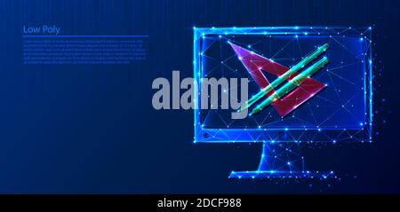 Polygonal computer with centimeter and pen with pencil on dark blue tech background, triangles and particle style design. Stock Vector