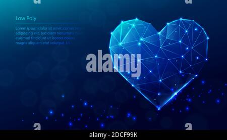 Vector tech low poly blue background. Low poly heart shape. Stock Vector