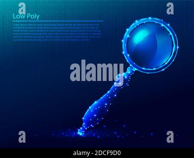 Vector low poly tech polygonal background with magnifying glass. Stock Vector