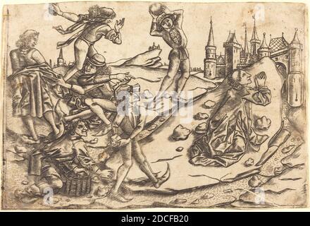 Master with the Banderoles, (artist), Netherlandish, active c. 1450 - active 1475, Israhel van Meckenem, (artist after), German, c. 1445 - 1503, The Stoning of Saint Stephen, c. 1470/1475, engraving on laid paper, sheet (trimmed to plate mark): 14 x 20.7 cm (5 1/2 x 8 1/8 in Stock Photo