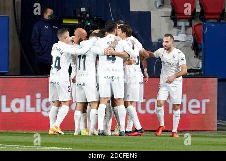 Pamplona, Spain. 20th Nov, 2020. SD Huesca players celebrate a goal during the Spanish football of La Liga Santander, match between CA Osasuna and SD Huesca at the Sadar stadium, in Pamplona. Credit: SOPA Images Limited/Alamy Live News Stock Photo