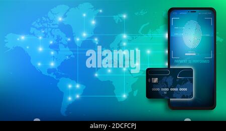 Concept. Secure payments online with smartphone in online store. Internet payment via mobile phone by credit card. Bank card data scanning. Fingerprin Stock Vector