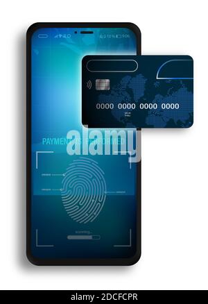 secure payments online with smartphone in online store. Internet payment via mobile phone by credit card. Bank card data scanning. Fingerprint identif Stock Vector