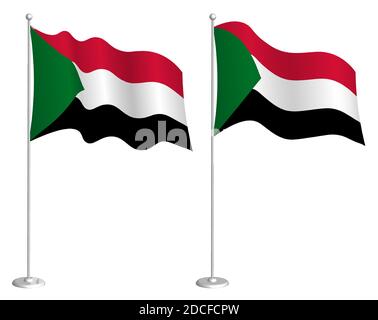 flag of republic of Sudan on flagpole waving in wind. Holiday design element. Checkpoint for map symbols. Isolated vector on white background Stock Vector