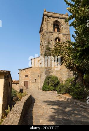 Old stone medieval tower Torre Della Campanaria in Montecatini Alto, Tuscany, Italy Stock Photo