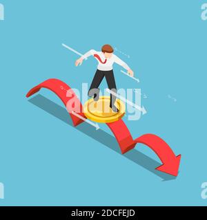 Flat 3d Isometric Businessman using Golden Coin as a Surfboard Surfing on Red Arrow. Financial and Stock Market Investment concept. Stock Vector