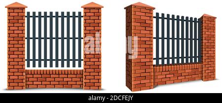 3d realistic vector set of red brick fence, isolated on white background. Stock Vector