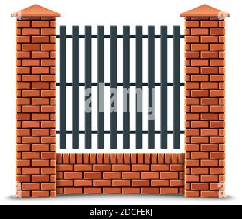 3d realistic vector red brick fence. Isolated on white background. Stock Vector