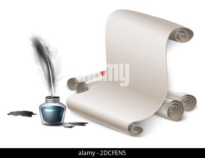 3d realistic vector glass bottle of ink and black feather with old antique paper on white background. Stock Vector