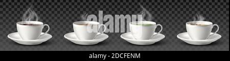 3d realistic vector collection of white cups with coffee, black tea, green tea and cappuccino. Isolated on transparent background. Stock Vector