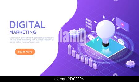 3d Isometric Web Banner Tablet Computer with Idea Light Bulb and Social Media Marketing Icon on purple background. Digital Marketing Concept. Stock Vector