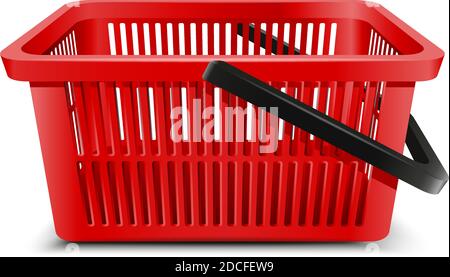 3d realistic vector supermarket food cart plastic red empty basket with black handle. Isolated on white background. Stock Vector