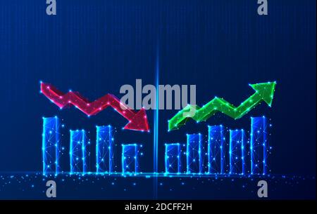 Vector tech polygonal growth chart with going down red arrow and going up green arrow. Stock Vector