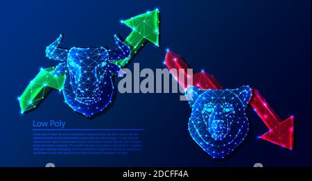 Stock market trend, bull stock with bull head and bear head and arrow stroke weight editable. Tech low poly polygonal background. Stock Vector