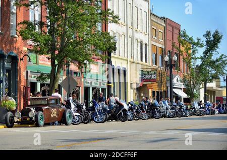 Savanna, Illinois, USA. Motorcycle riders descend on the Mississippi River community of Savanna, Illinois. Stock Photo