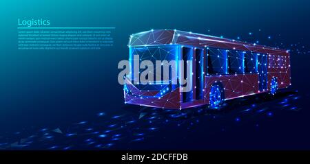 Vector tech polygonal technology background with red bus transport service. Stock Vector