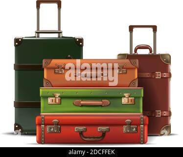 3d realistic vector collection of different sizes travel luggage, retro old style in leather. Isolated on white background. Stock Vector