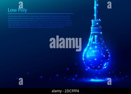 Vector low poly tech polygonal background in dark blue with fluorescent light bulb. Stock Vector