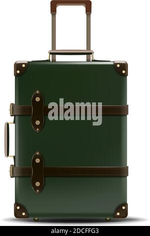 3d realistic vector travel business green suitcase in leather. Isolated on white background. Stock Vector