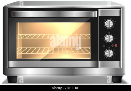 3d realistic vector microwave oven with light inside, isolated on white background. Kitchen appliances. Stock Vector