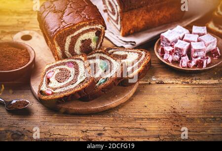 Sweet marbled brioche plait with Turkish delight and chocolate Stock Photo