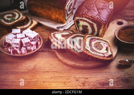 Close up of slices of homemade traditional Romanian sweet bread named cozonac Stock Photo