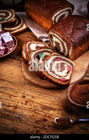 Sliced Marble sweet bread with cocoa and Turkish delight Stock Photo