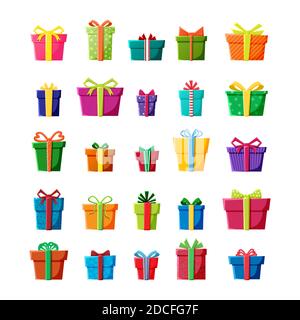 Big vector set of gift boxes icons in color for New Year, Christmas or celebration party events. Stock Vector