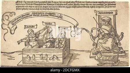 Albrecht Dürer, (artist), German, 1471 - 1528, Justice, Truth and Reason in the Stocks with the Seated Judge and Sleeping Piety, The Michelfeldt Tapestry: Allegory of Social Injustice, (series), probably 1526, woodcut Stock Photo