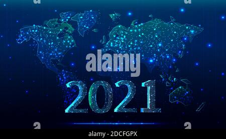 Vector tech happy new year 2021 batter with world map and glowing numbers on dark blue background. Stock Vector
