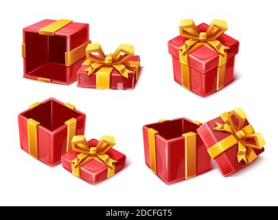 vector collection cartoon style red celebration boxes with golden ribbons open and closed isolated on white background. Stock Vector