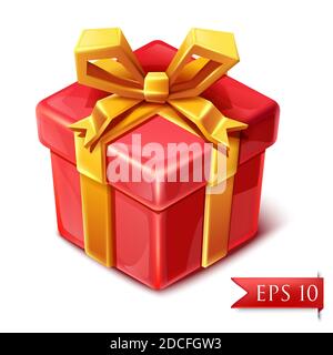 3d isometric vector box of present with golden ribbon in cute cartoon style. Stock Vector