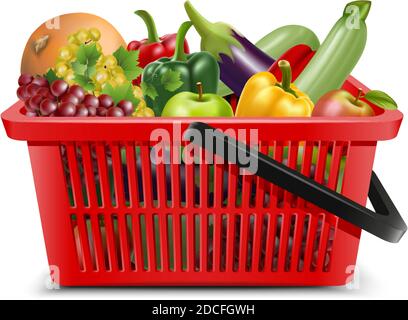 3d realistic vector supermarket food carts plastic red empty baskets with black handle with fruit and vegetables inside, apples, grapes. Isolated on w Stock Vector
