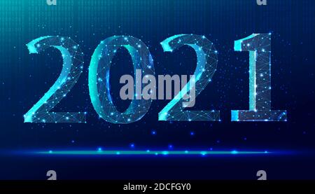 Trendy vector digital polygonal illustration. Celebrating new year 2021 technology background in trendy colors with numbers and triangles with sparks. Stock Vector